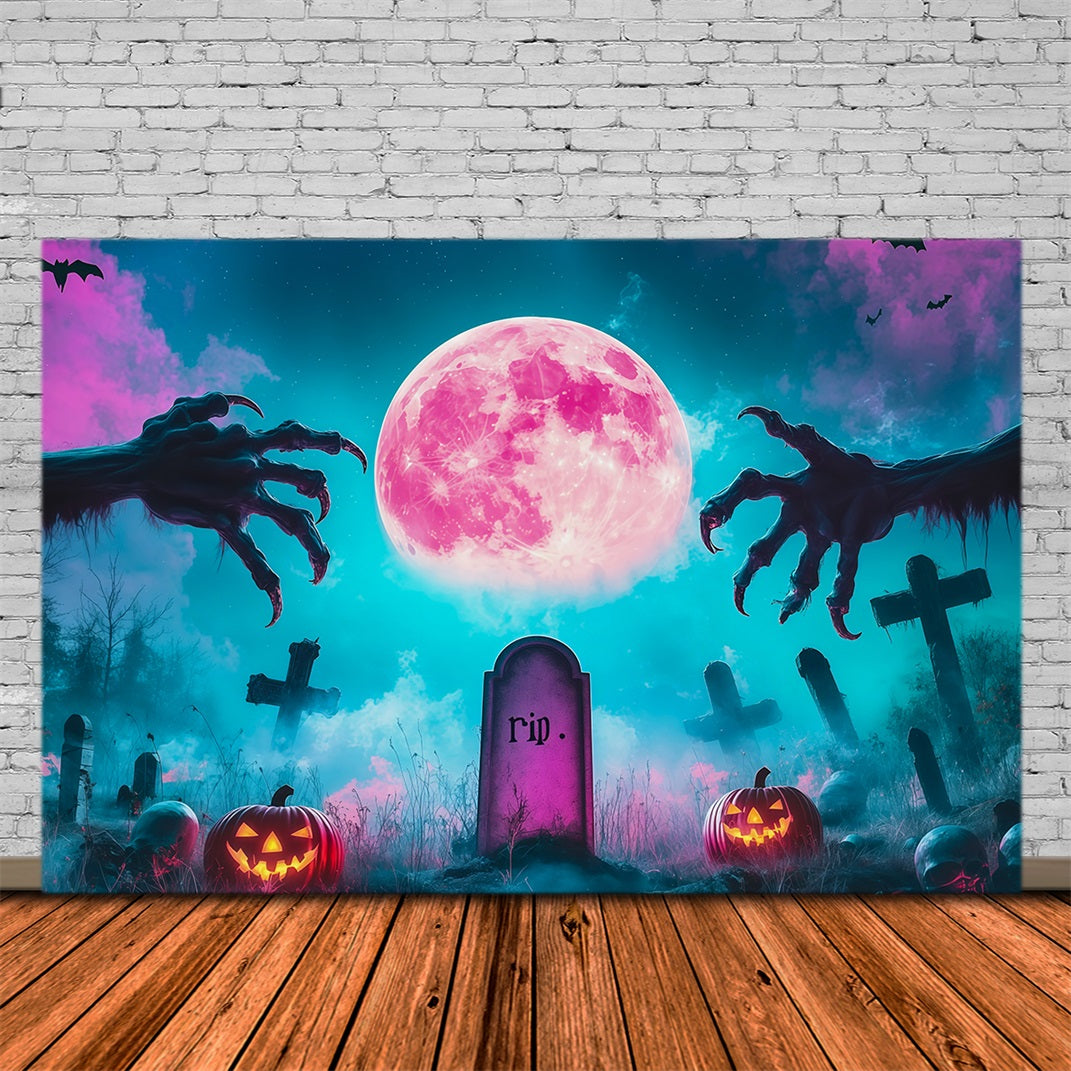 Custom Halloween Backdrop Pink Moon Graveyard Claws Halloween Graveyard Backdrop UK RR67-14