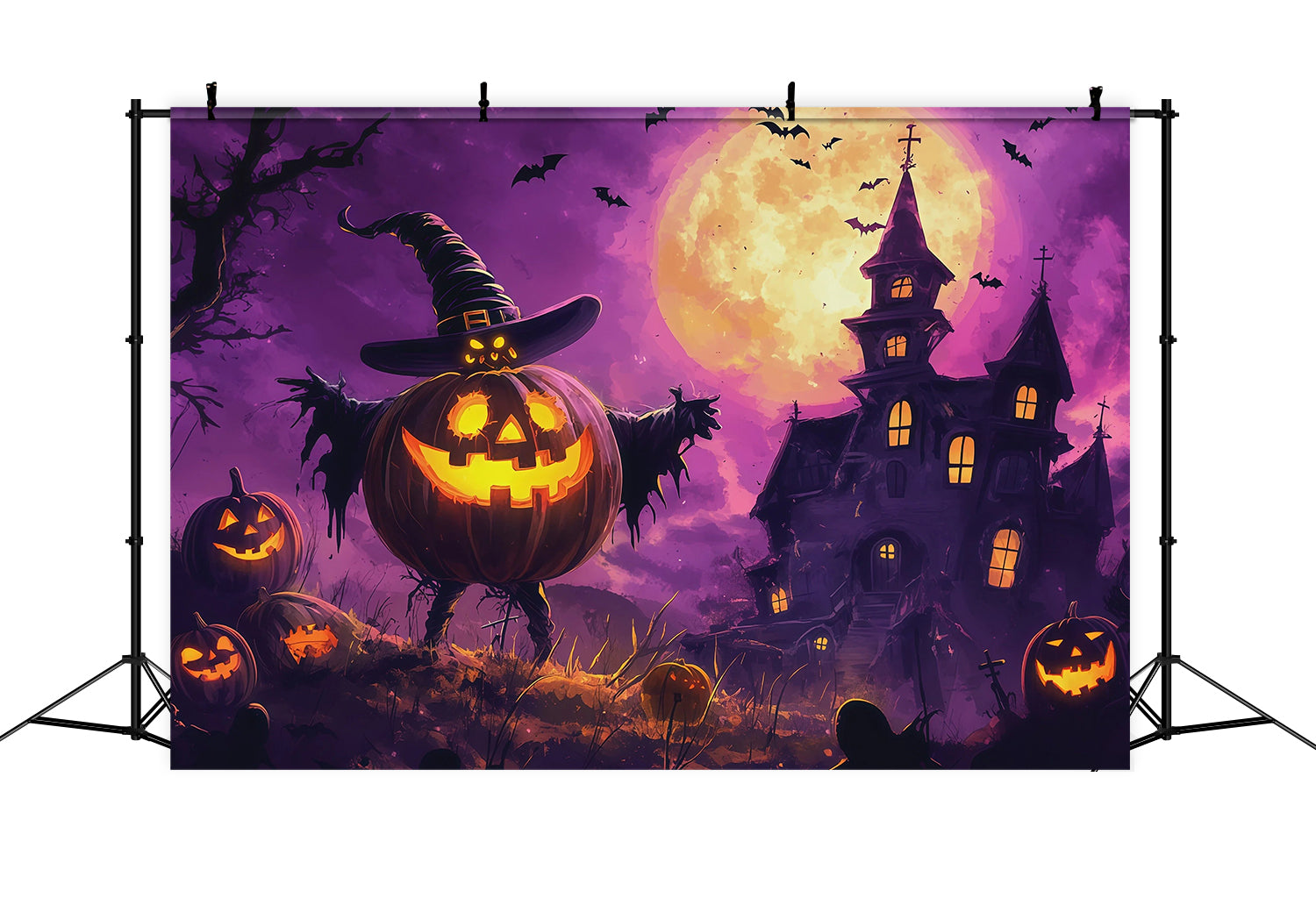 Halloween Party Photo Backdrop Ideas Moonlit Pumpkin Witch Mansion Creepy Halloween Backdrop UK RR67-144
