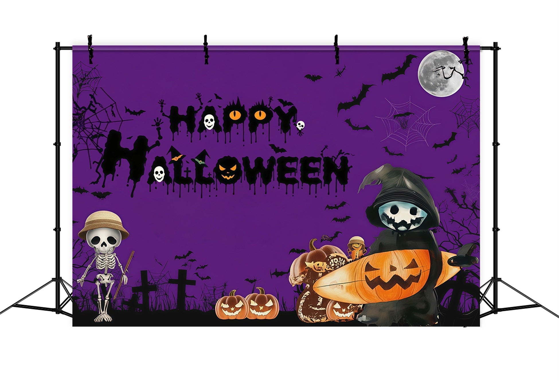 Photo Booth Halloween Backdrop Ideas Purple Skeleton Pumpkin Night Halloween Picture Backdrop UK RR67-15