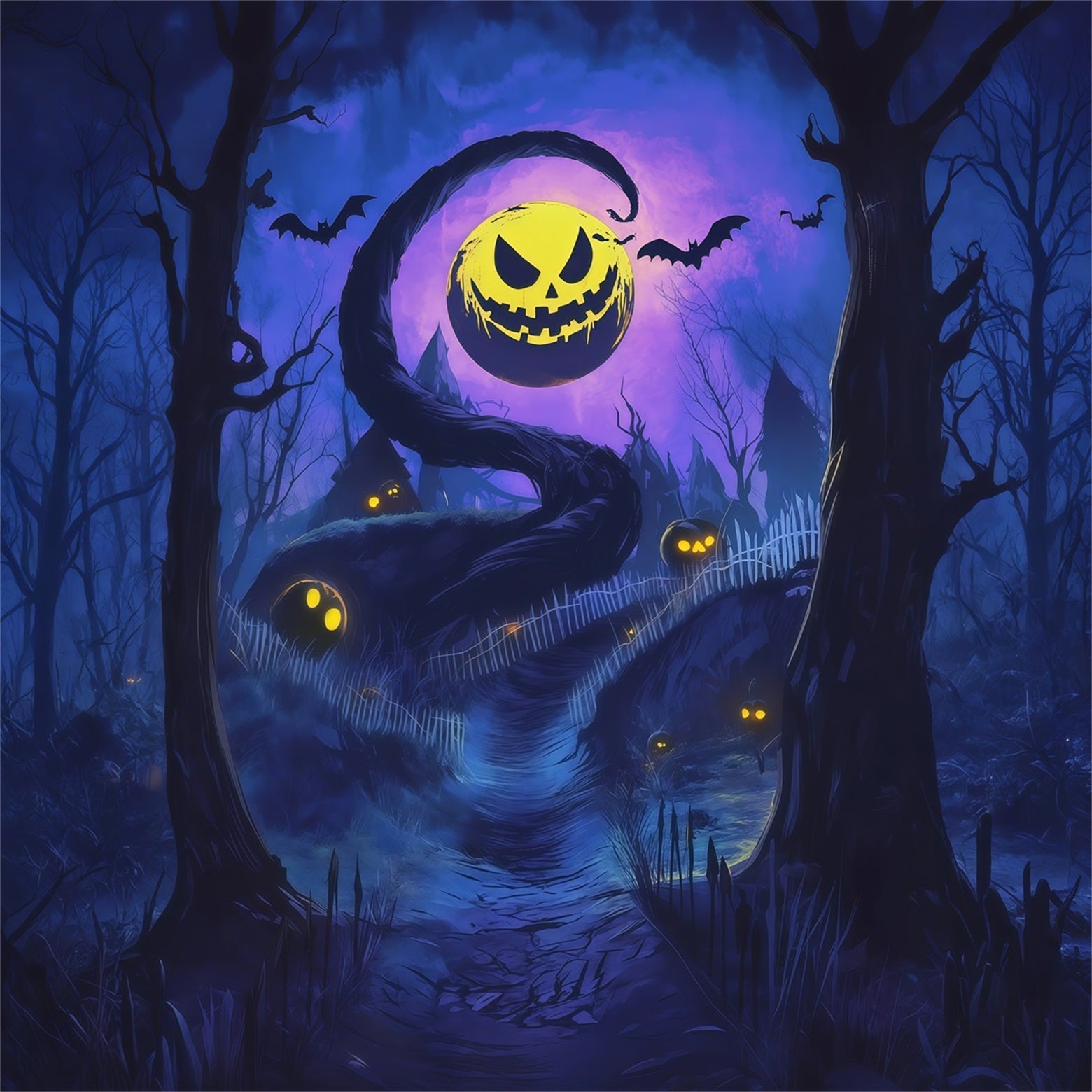 Outdoor Halloween Backdrop Twisted Pumpkin Moon Trail Spooky Halloween Backdrop UK RR67-158