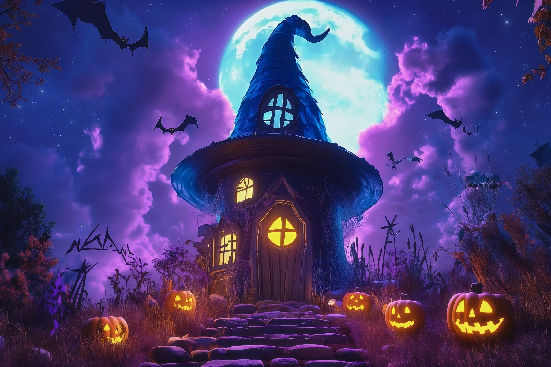 Halloween Castle Backdrop Moonlit Witch House Pumpkins Large Halloween Backdrop UK RR67-16