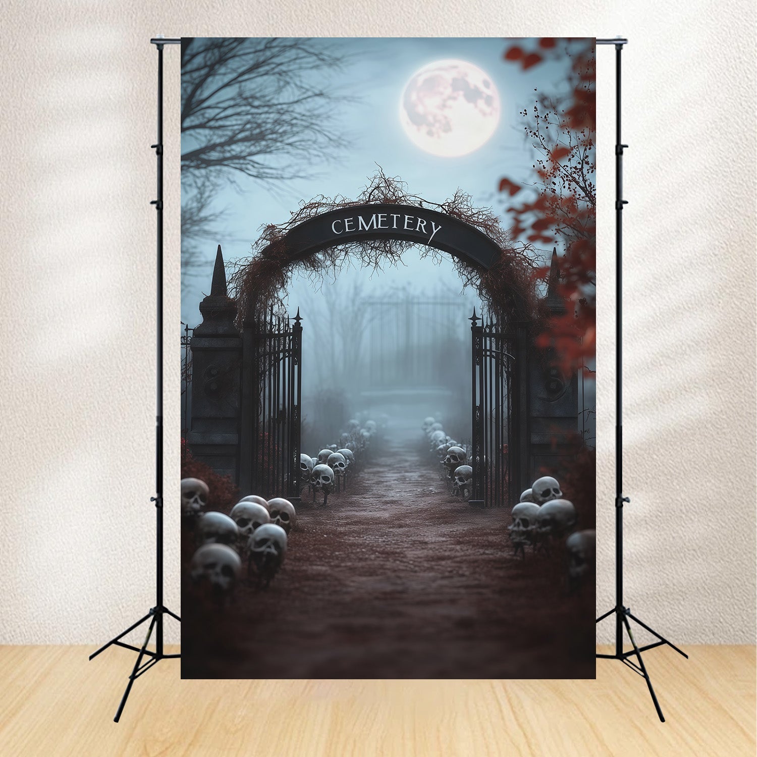Halloween Outdoor Backdrop Foggy Skull Cemetery Entrance Halloween Backdrops For Photos UK RR67-160