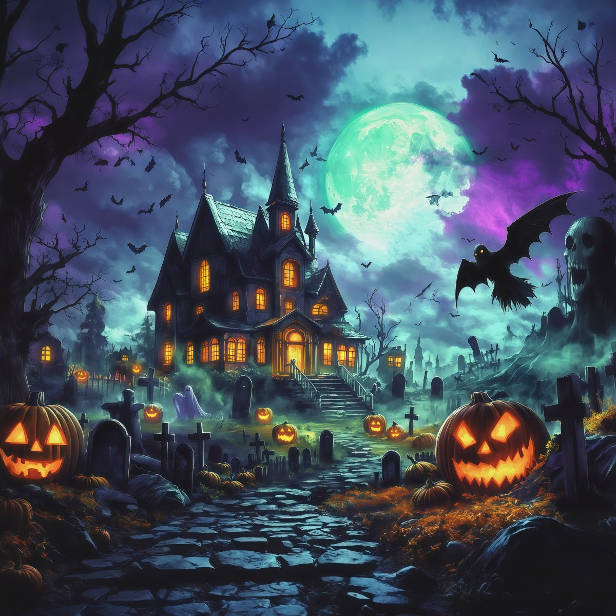 Halloween Backdrop Haunted House Moonlit Pumpkin Manor Magical Christmas Backdrop UK RR67-165
