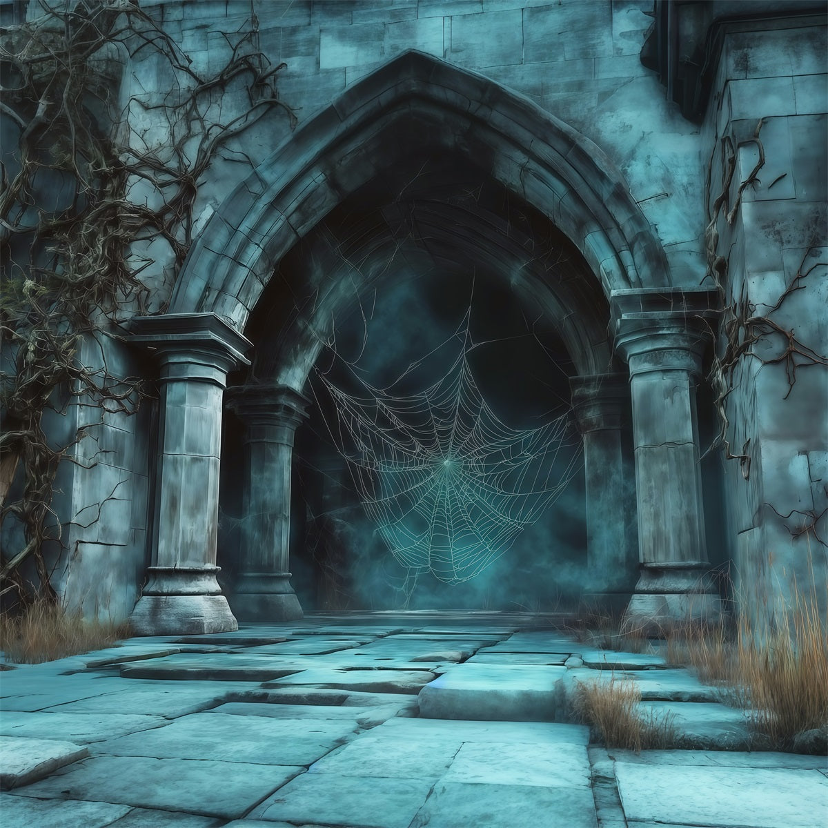Spiderweb Backdrop Foggy Gothic Stone Archway Magical Backdrops UK RR67-169
