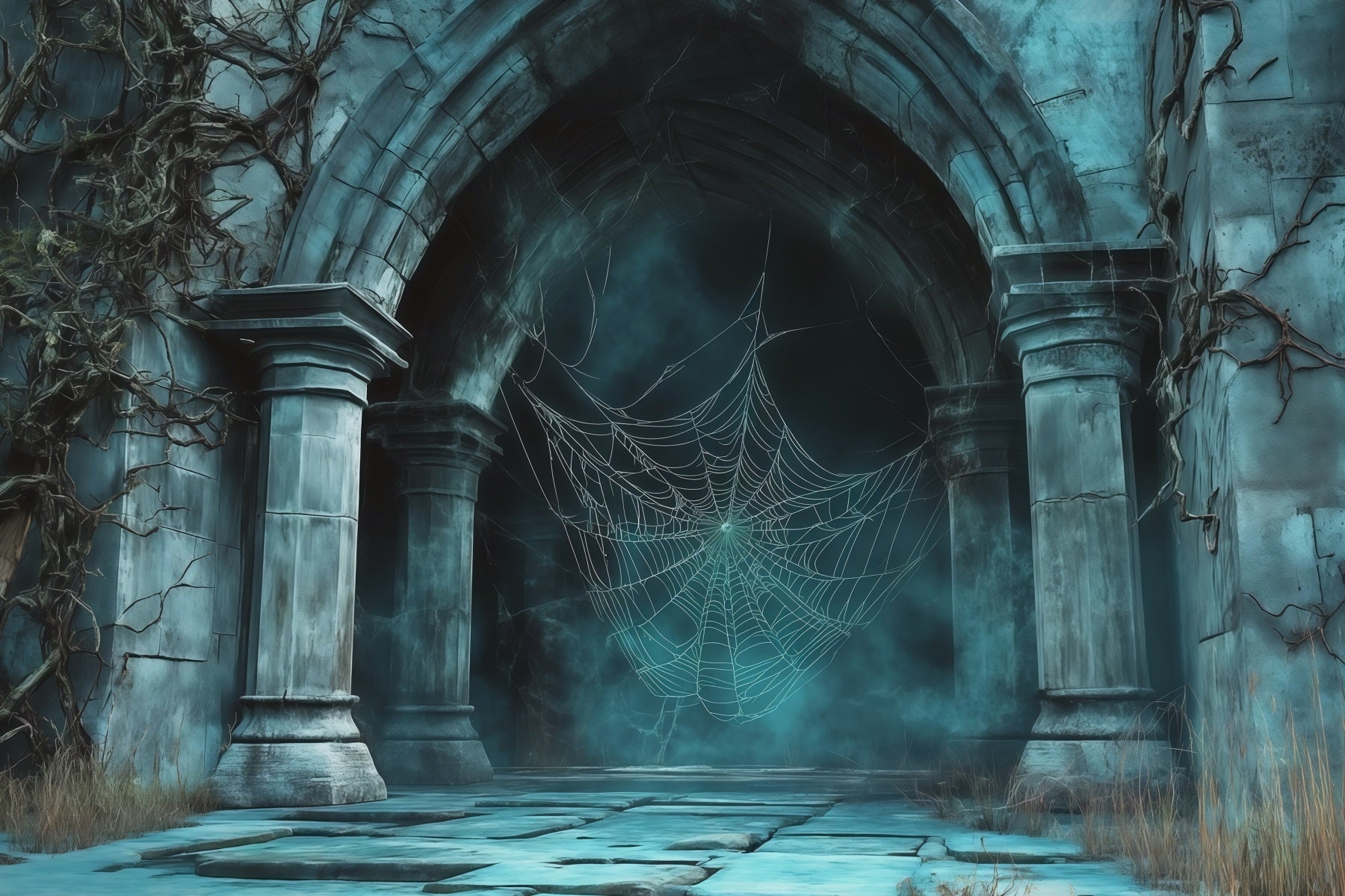 Spiderweb Backdrop Foggy Gothic Stone Archway Magical Backdrops UK RR67-169