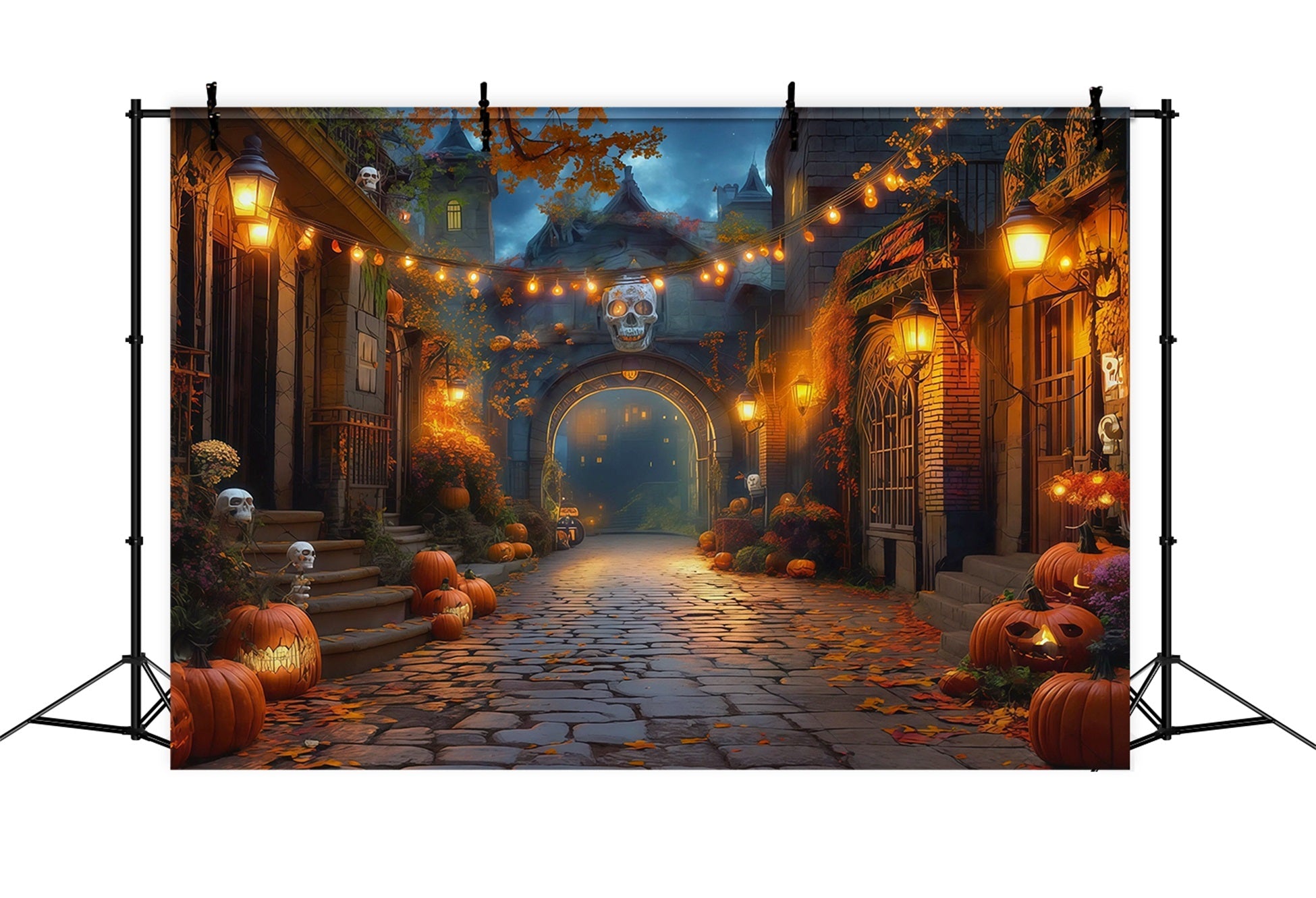Fall Halloween Backdrop Pumpkin Alley Skull Lanterns Scary Halloween Backdrops UK RR67-17