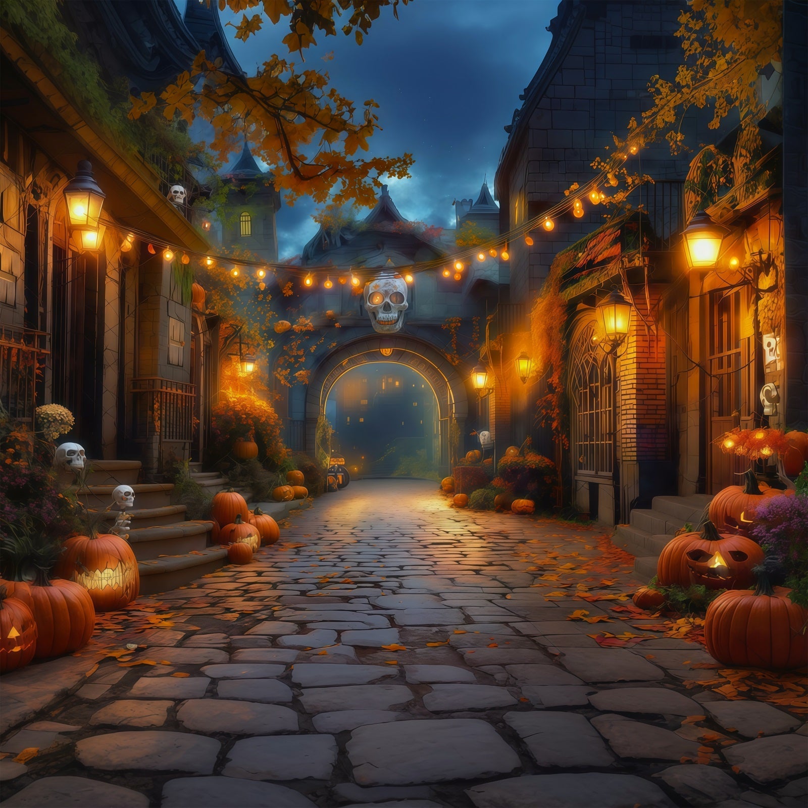 Fall Halloween Backdrop Pumpkin Alley Skull Lanterns Scary Halloween Backdrops UK RR67-17