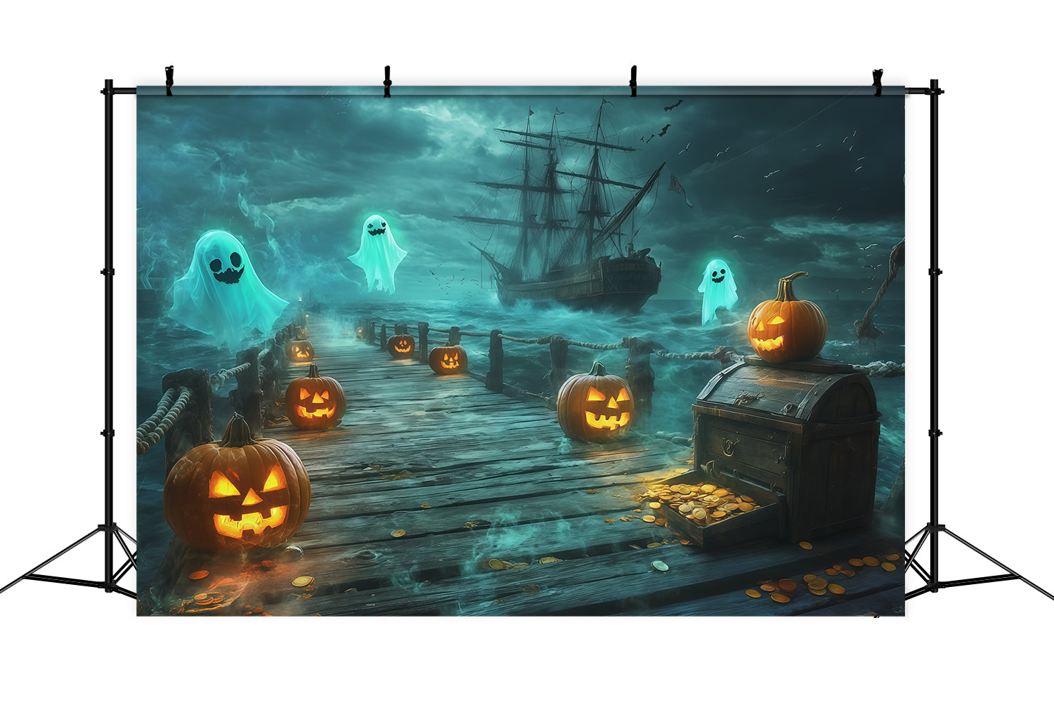 Halloween Pirate Backdrop Ghost Pirate Pumpkin Harbor Cute Halloween Backdrops UK RR67-173