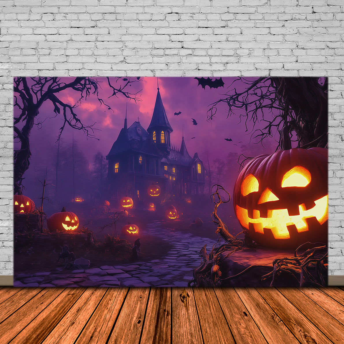 Pumpkins Backdrop Purple Sky Haunted Manor Halloween Backdrop Photo UK RR67-176