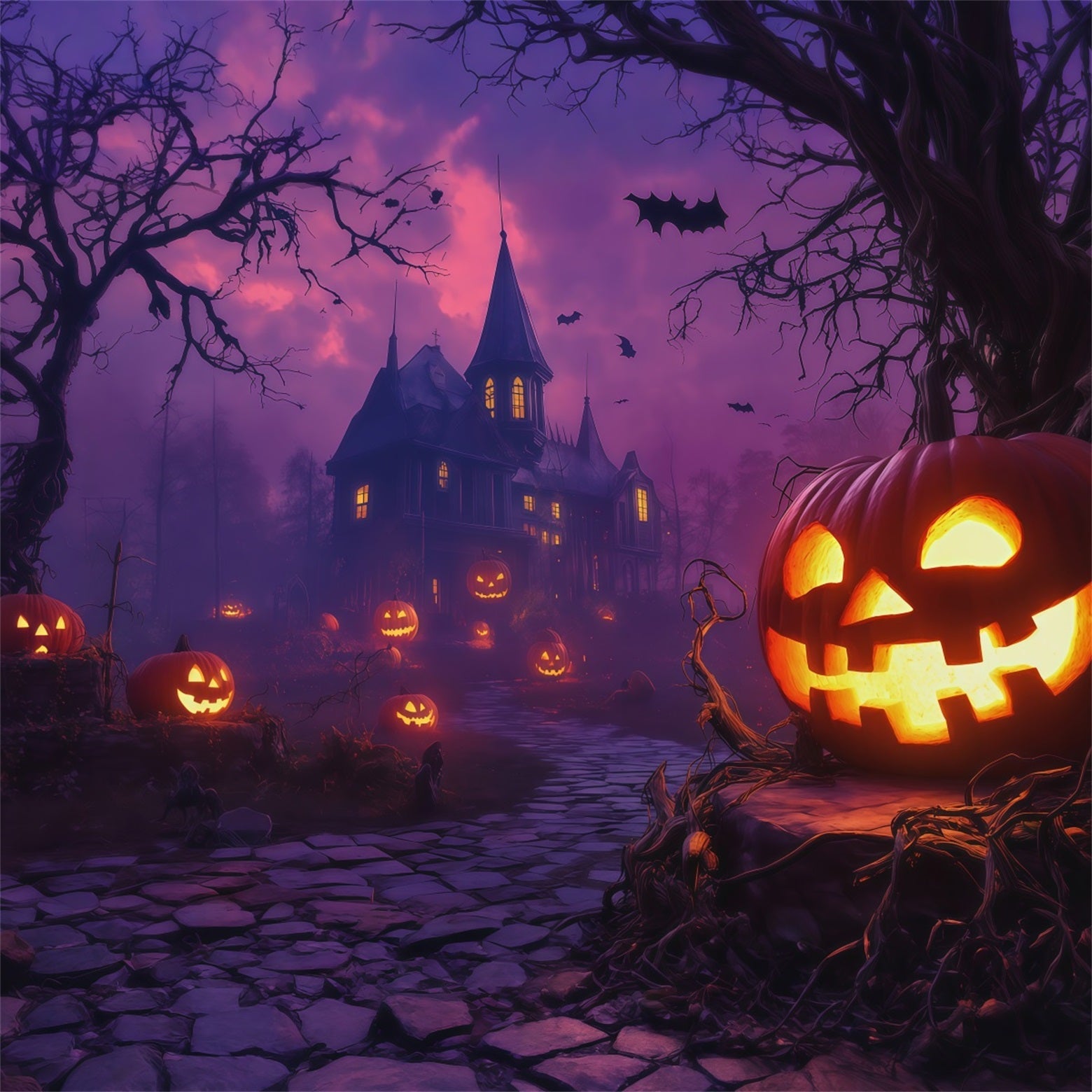 Pumpkins Backdrop Purple Sky Haunted Manor Halloween Backdrop Photo UK RR67-176