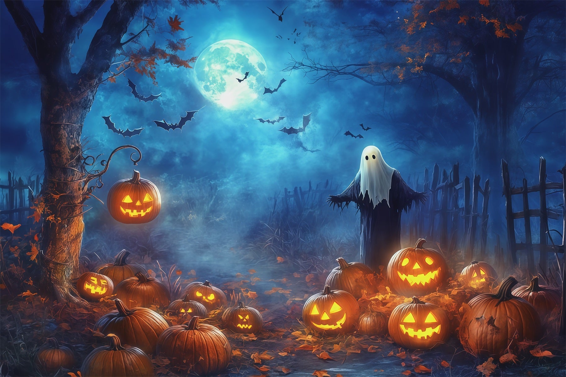 Pumpkin Patch Halloween Backdrop Moonlit Ghost Forest Halloween Outdoor Backdrop UK RR67-177