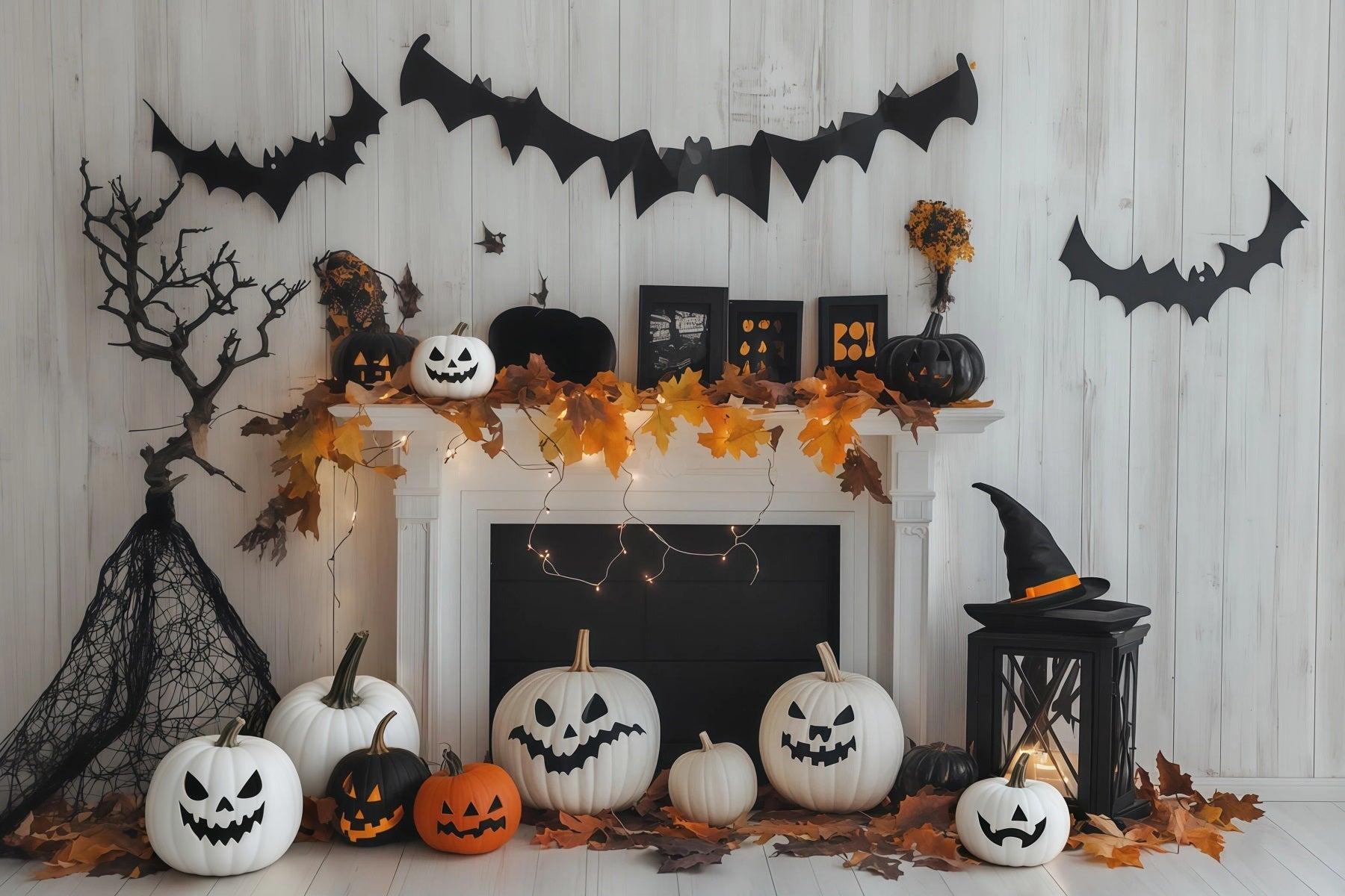 White Pumpkin Backdrop Fireplace Mantel Bat Decor Custom Halloween Backdrop UK RR67-179