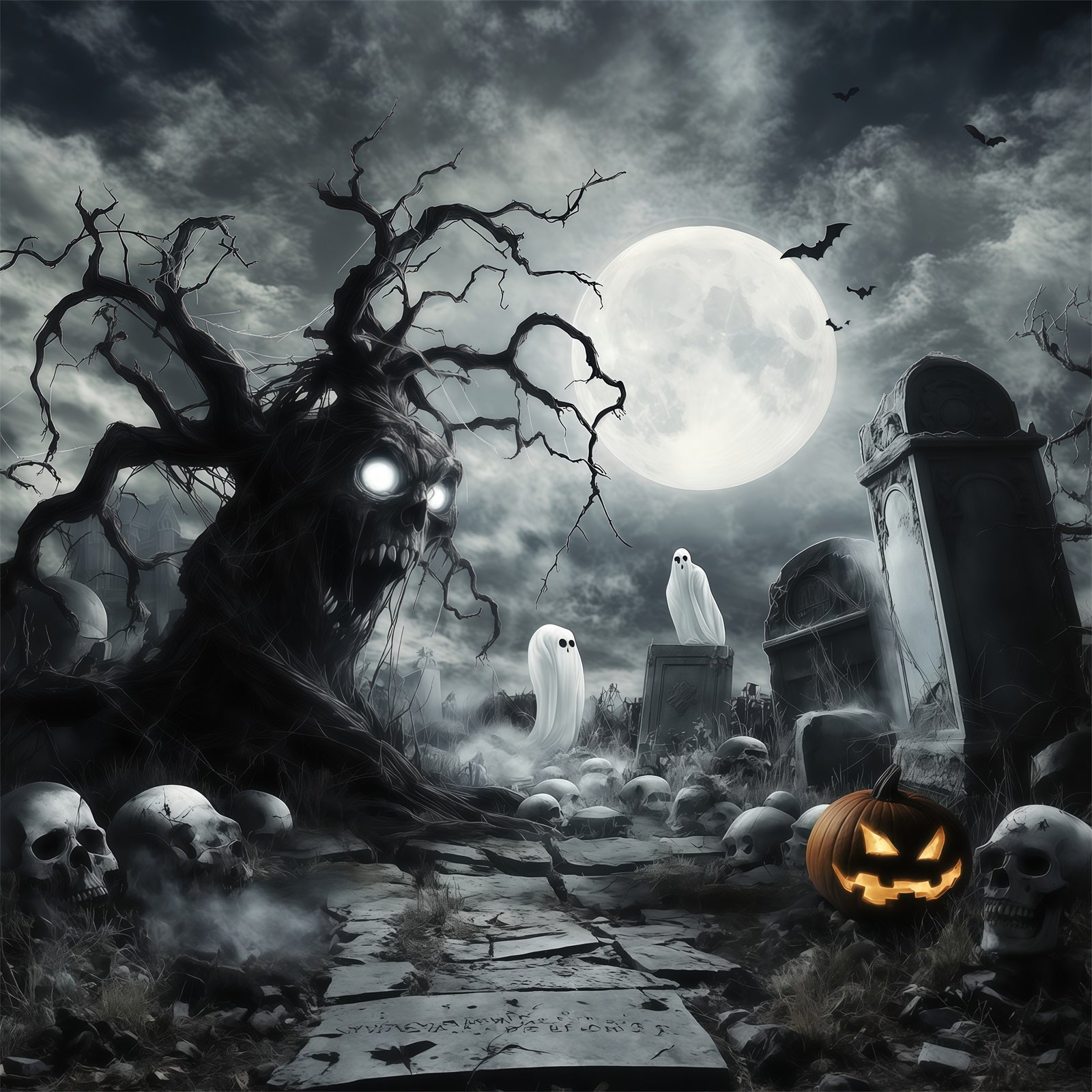 Halloween Ghost Backdrop Ghostly Skull Tree Graveyard Scary Halloween Backdrop UK RR67-18