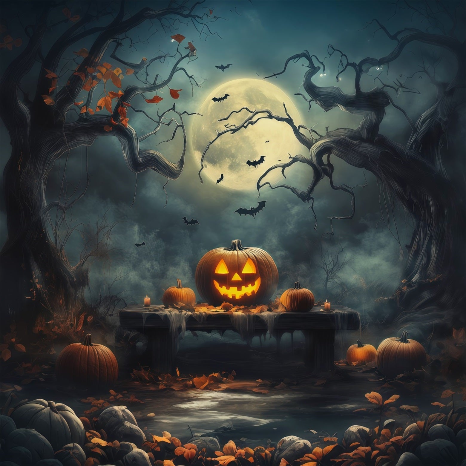 Halloween Backdrop With Pumpkins Moonlit Forest Table Photo Booth Halloween Backdrop Ideas UK RR67-180