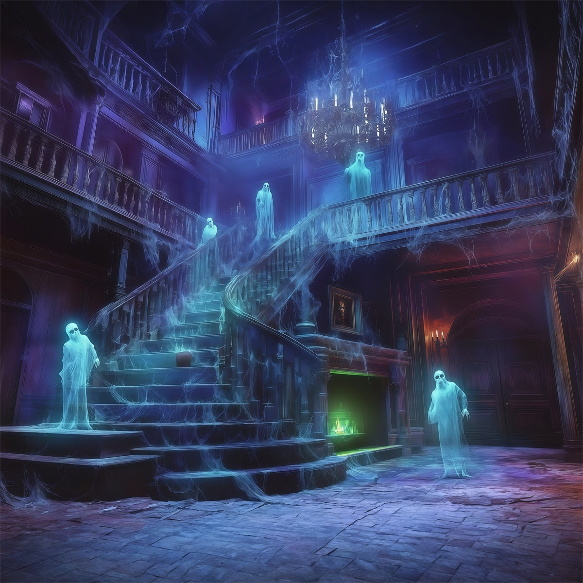 Backdrops Inside Haunted House Ghostly Cobweb Mansion Staircase Halloween Spooky Backdrop UK RR67-186