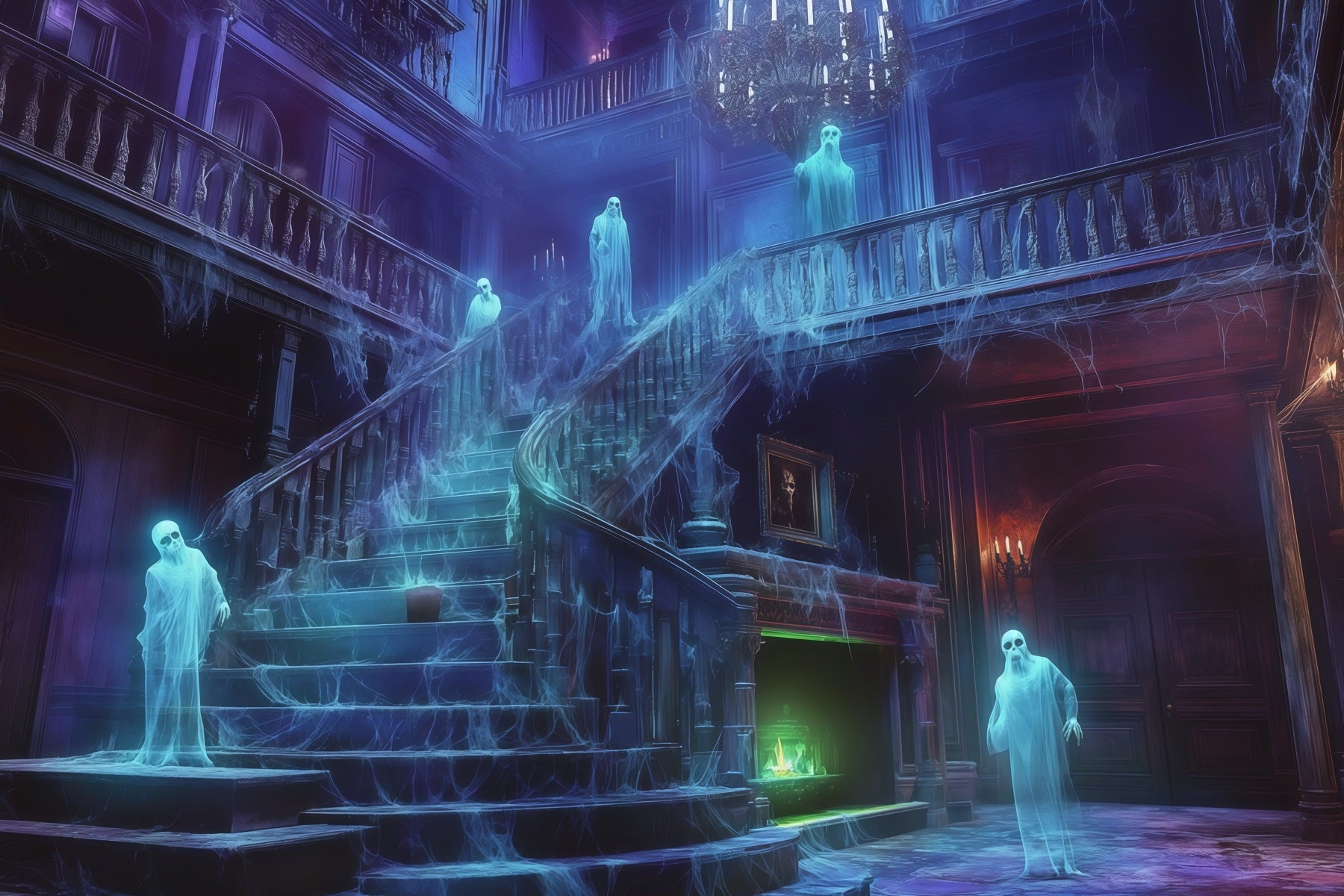 Backdrops Inside Haunted House Ghostly Cobweb Mansion Staircase Halloween Spooky Backdrop UK RR67-186