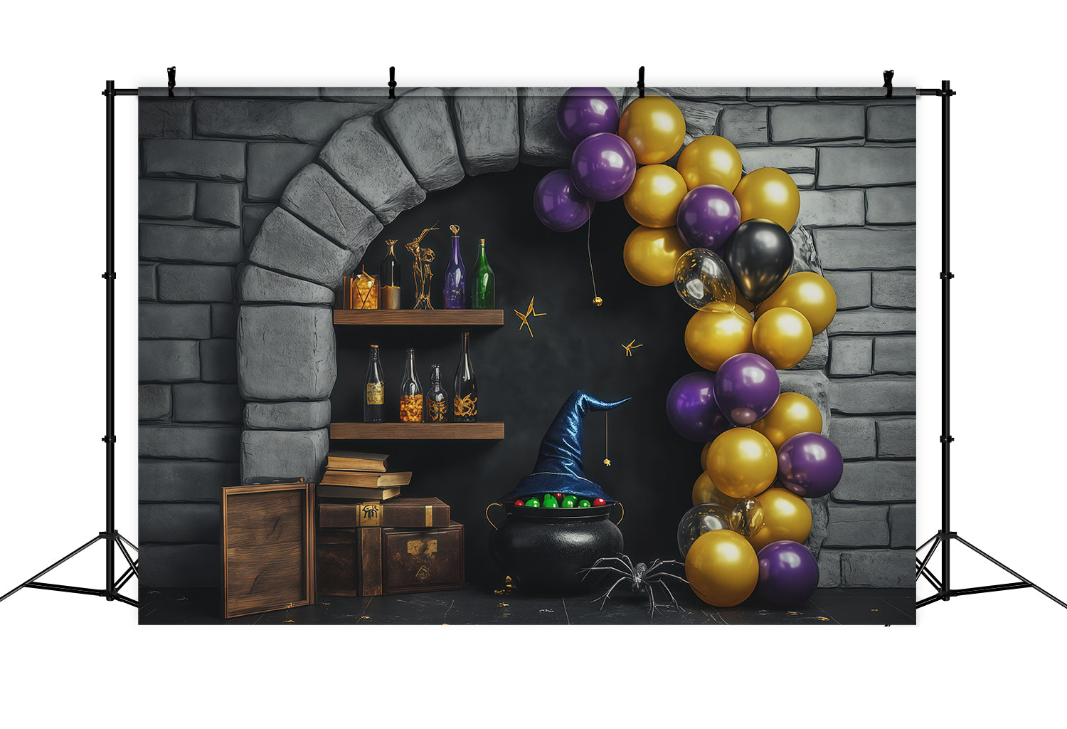 Stone Wall Backdrop Halloween Witch Potion Balloon Alcove Wizard Backdrop UK RR67-193