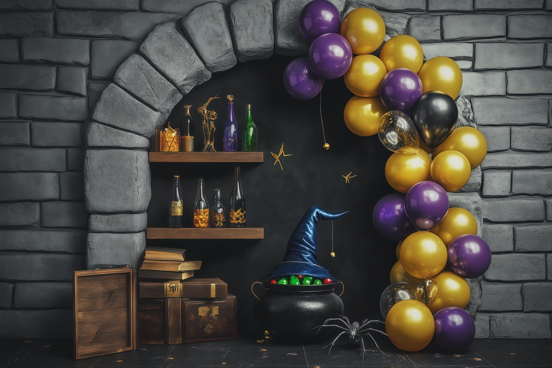 Stone Wall Backdrop Halloween Witch Potion Balloon Alcove Wizard Backdrop UK RR67-193