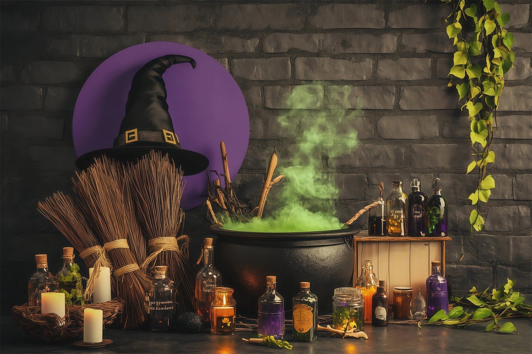 Brick Wall Backdrop Halloween Bubbling Witch Potion Workshop Wizard Of Oz Backdrops UK RR67-199