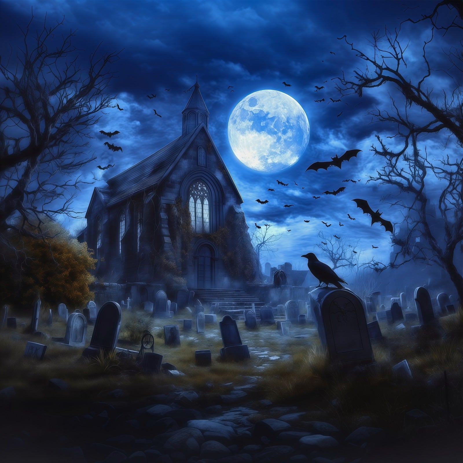Halloween Graveyard Backdrops Moonlit Gothic House Bats Photo Booth Halloween Backdrop UK RR67-22