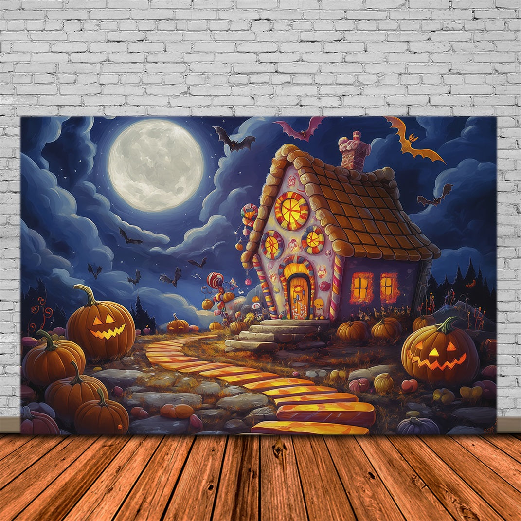 Halloween Backdrop For Photo Booth Moonlit Candy House Pumpkins Cute Halloween Backdrop UK RR67-23