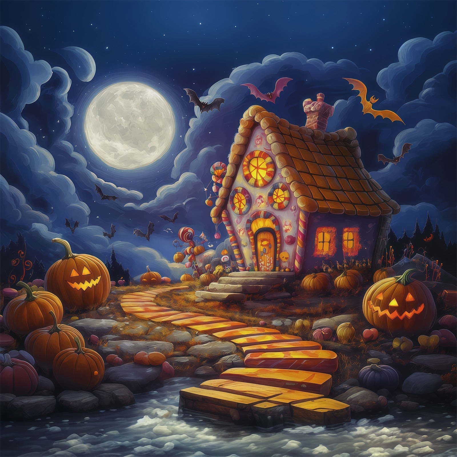 Halloween Backdrop For Photo Booth Moonlit Candy House Pumpkins Cute Halloween Backdrop UK RR67-23