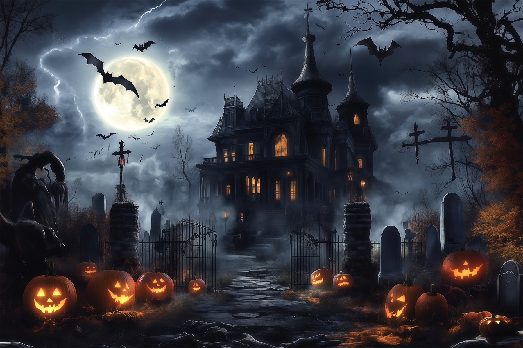 Halloween Spooky Backdrop Stormy Mansion Pumpkin Graveyard Spooky Halloween Backdrops UK RR67-24