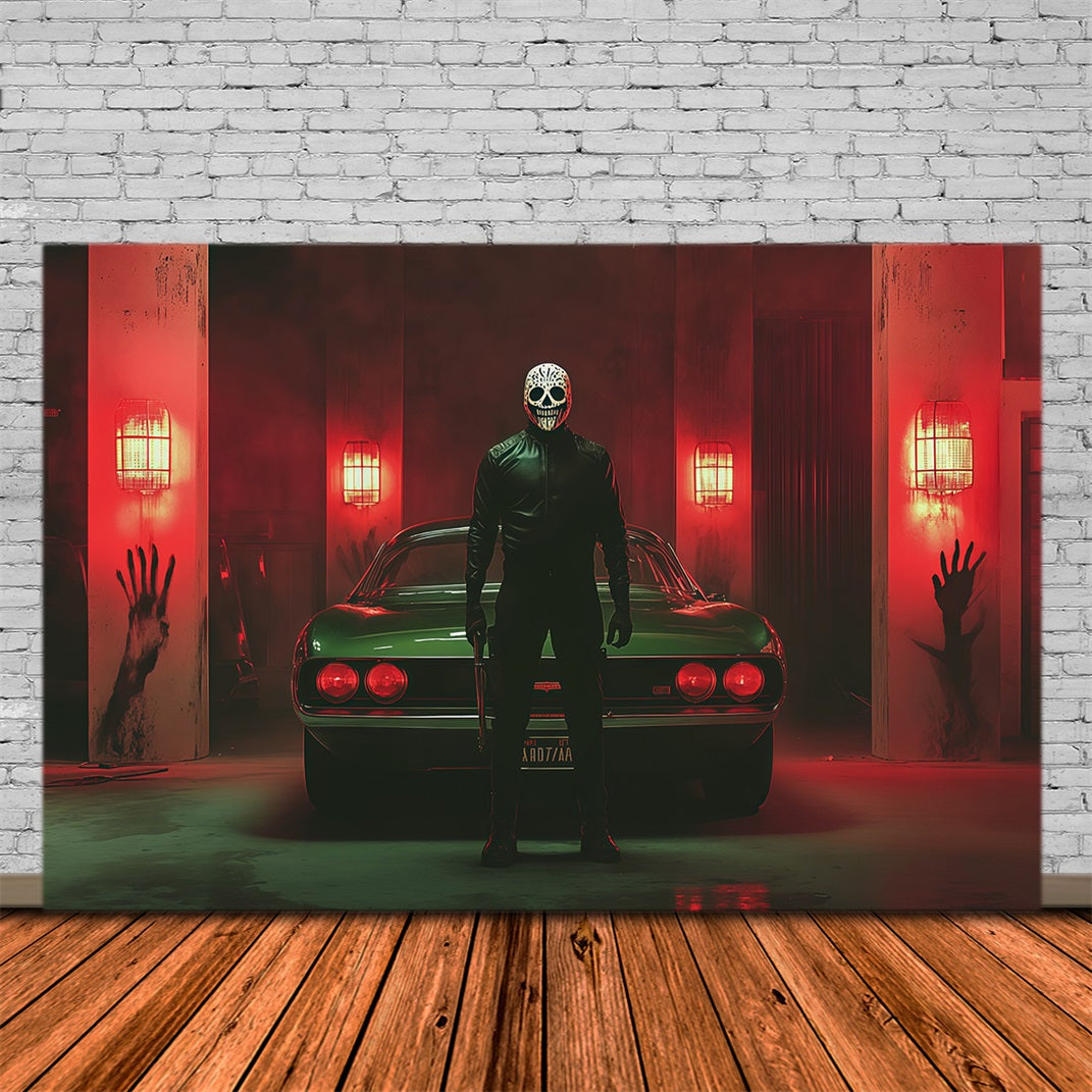 Halloween Garage Backdrop Masked Killer Car Bloody Handprint Backdrops For Halloween UK RR67-25