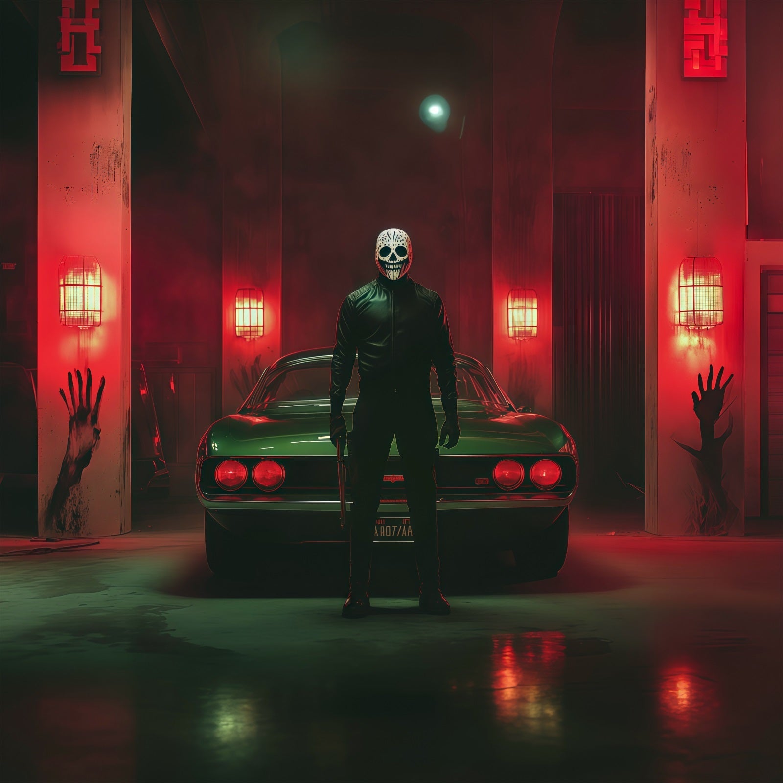 Halloween Garage Backdrop Masked Killer Car Bloody Handprint Backdrops For Halloween UK RR67-25