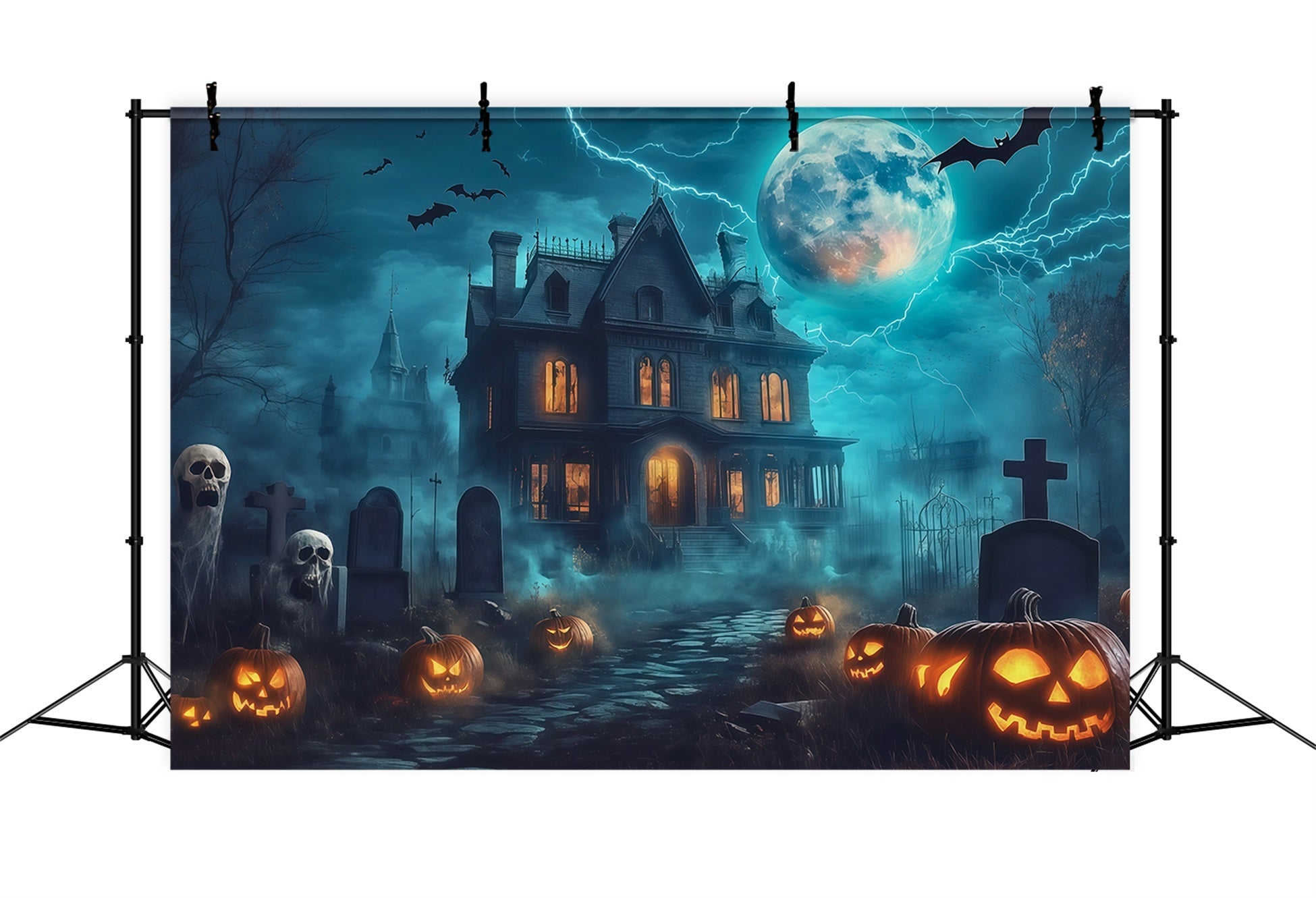 Halloween House Backdrop Lightning Mansion Pumpkin Graveyard Halloween Cemetery Backdrop UK RR67-27