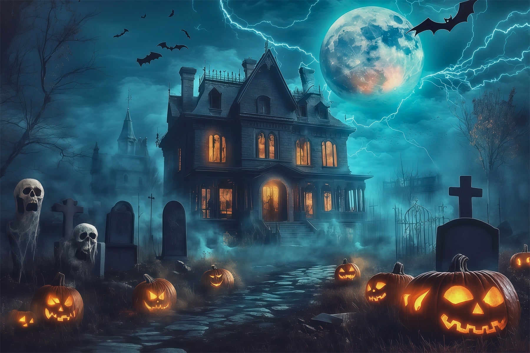 Halloween House Backdrop Lightning Mansion Pumpkin Graveyard Halloween Cemetery Backdrop UK RR67-27