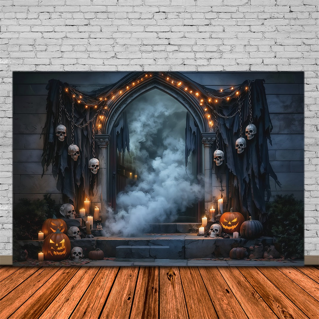 DIY Halloween Backdrop Ideas Skull Draped Foggy Doorway Scary Backdrops For Halloween UK RR67-31