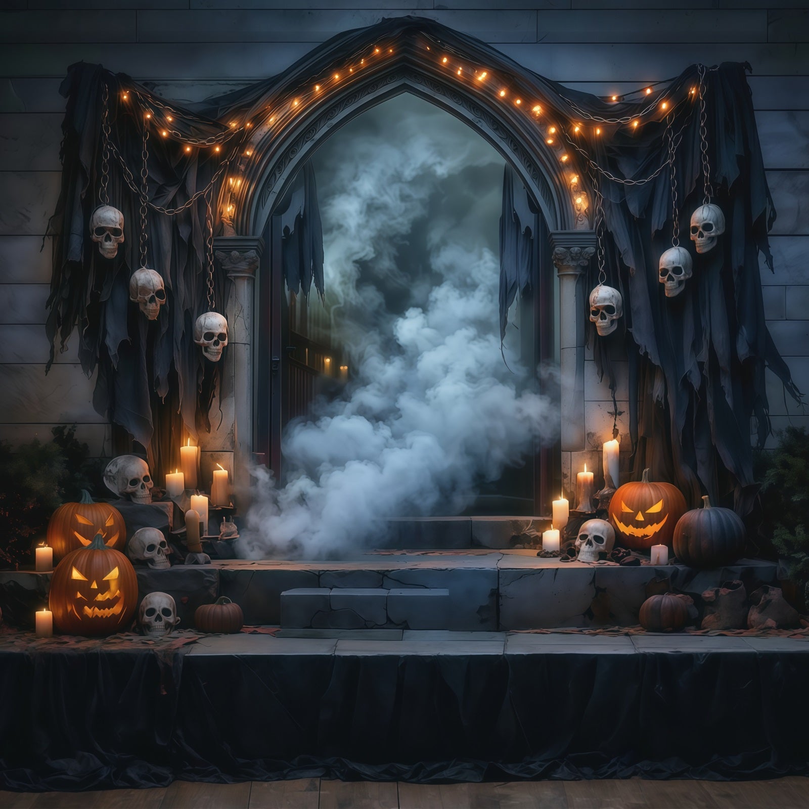 DIY Halloween Backdrop Ideas Skull Draped Foggy Doorway Scary Backdrops For Halloween UK RR67-31