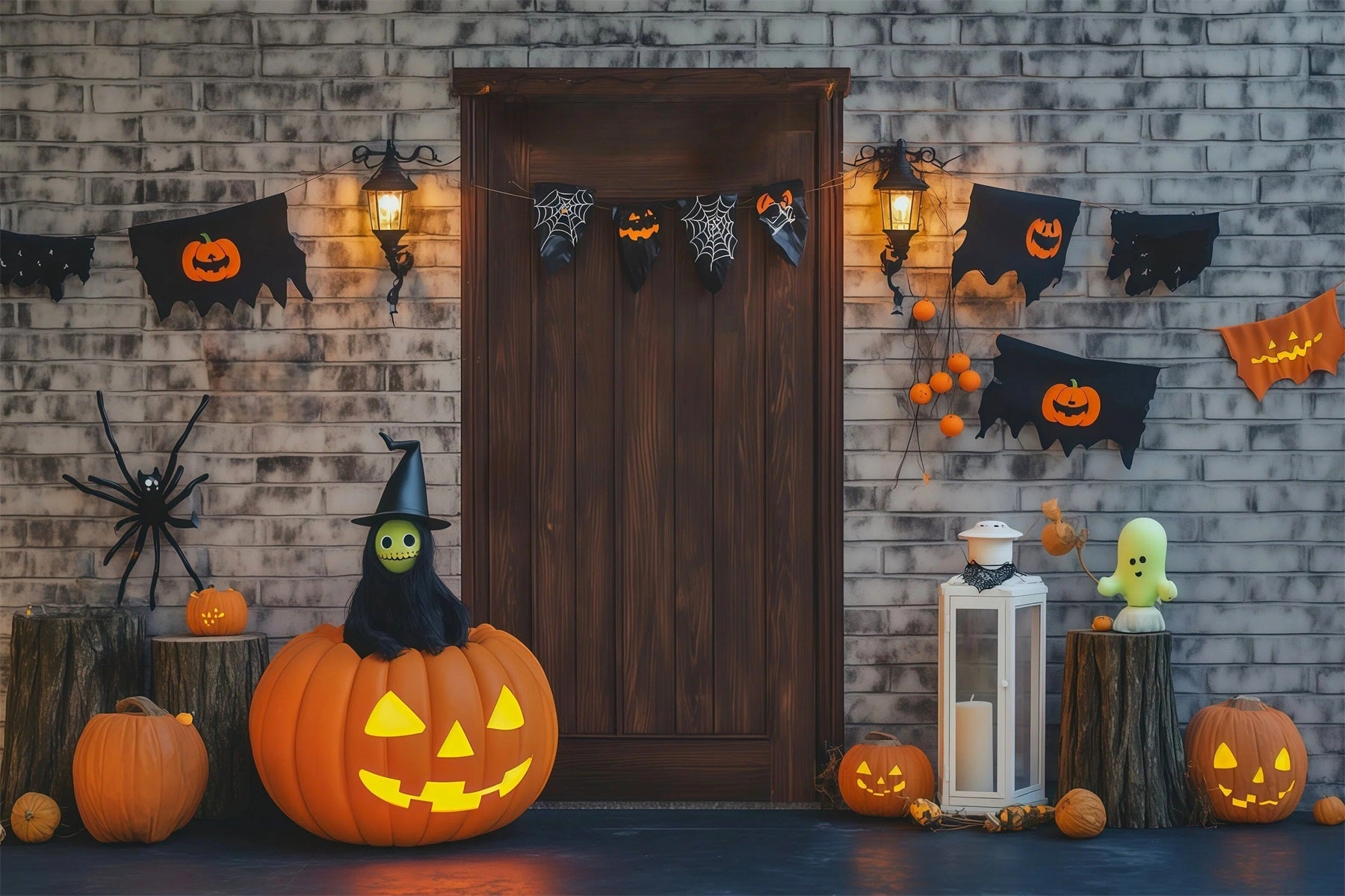 Halloween Theme Backdrop Brick Door Pumpkin Decorations Halloween Backdrop For Photos UK RR67-4