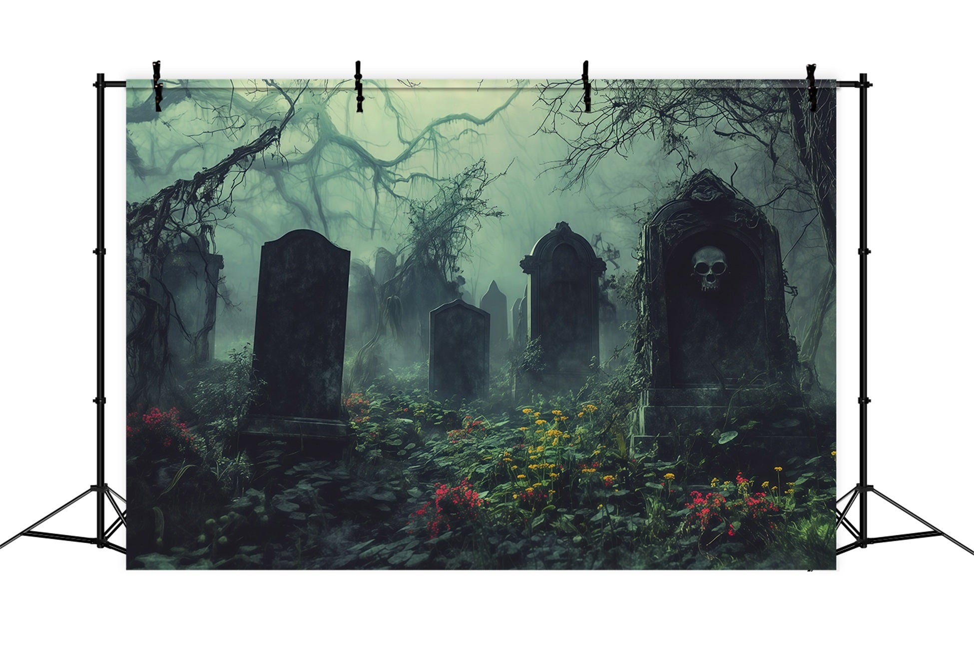 Halloween Cloth Backdrop Misty Overgrown Graveyard Tombstones Graveyard Halloween Backdrops UK RR67-43