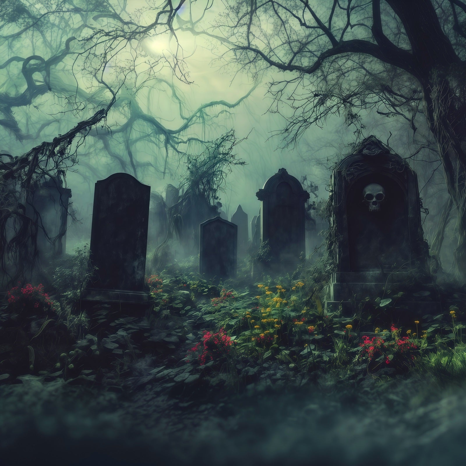Halloween Cloth Backdrop Misty Overgrown Graveyard Tombstones Graveyard Halloween Backdrops UK RR67-43