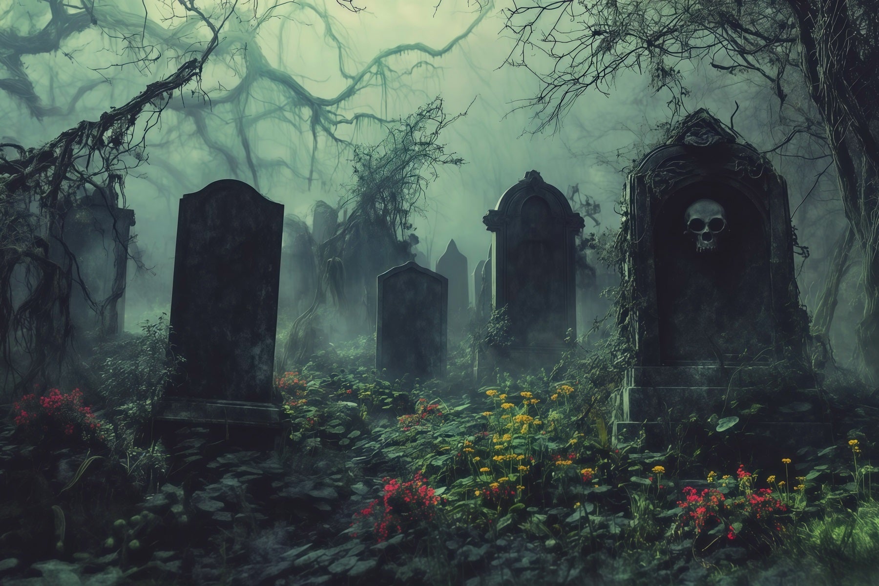 Halloween Cloth Backdrop Misty Overgrown Graveyard Tombstones Graveyard Halloween Backdrops UK RR67-43
