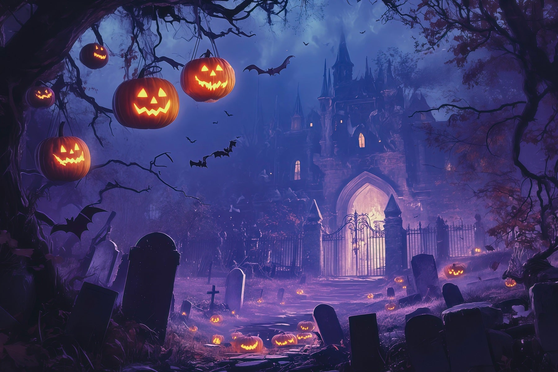 Halloween Backdrop Ideas DIY Purple Castle Pumpkin Graveyard Purple Halloween Backdrop UK RR67-44
