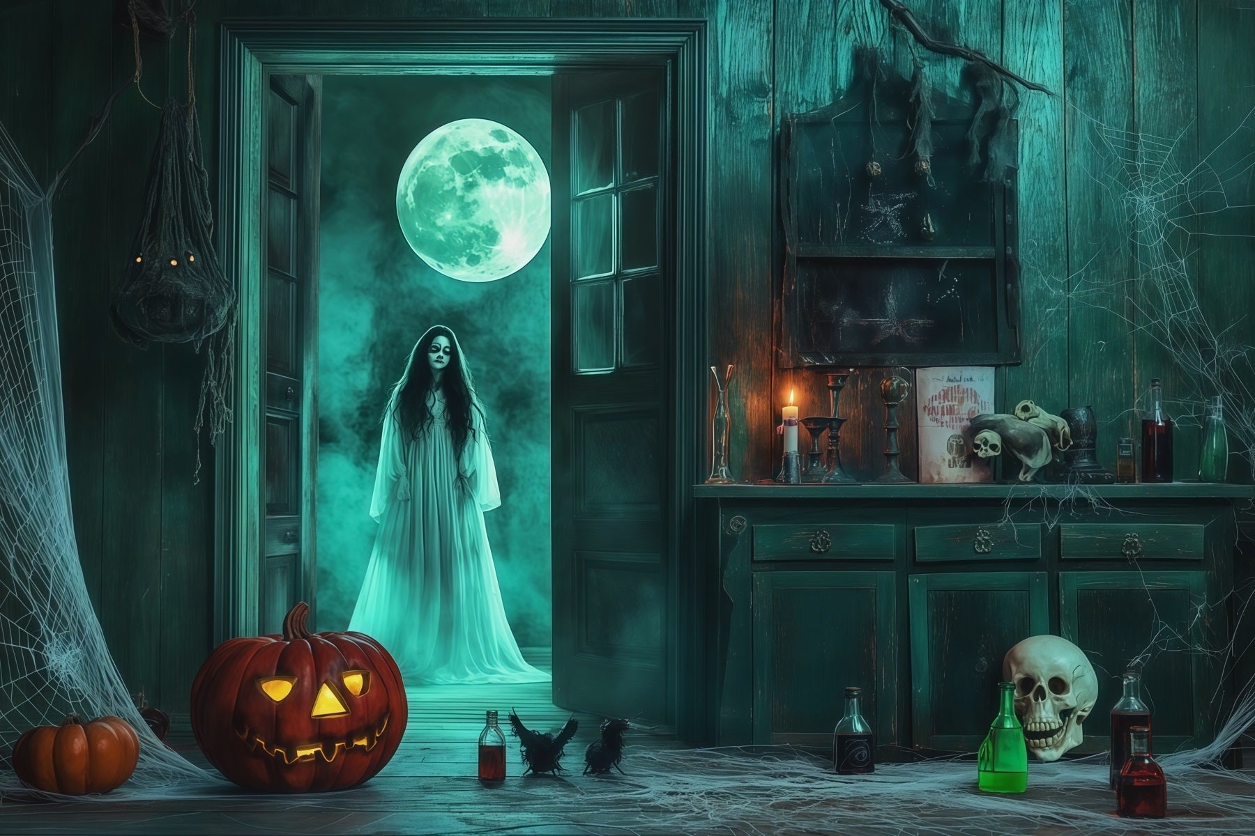 Scary Halloween Photo Backdrops Ghostly Moon Cabinet Room Happy Halloween Backdrop UK RR67-47