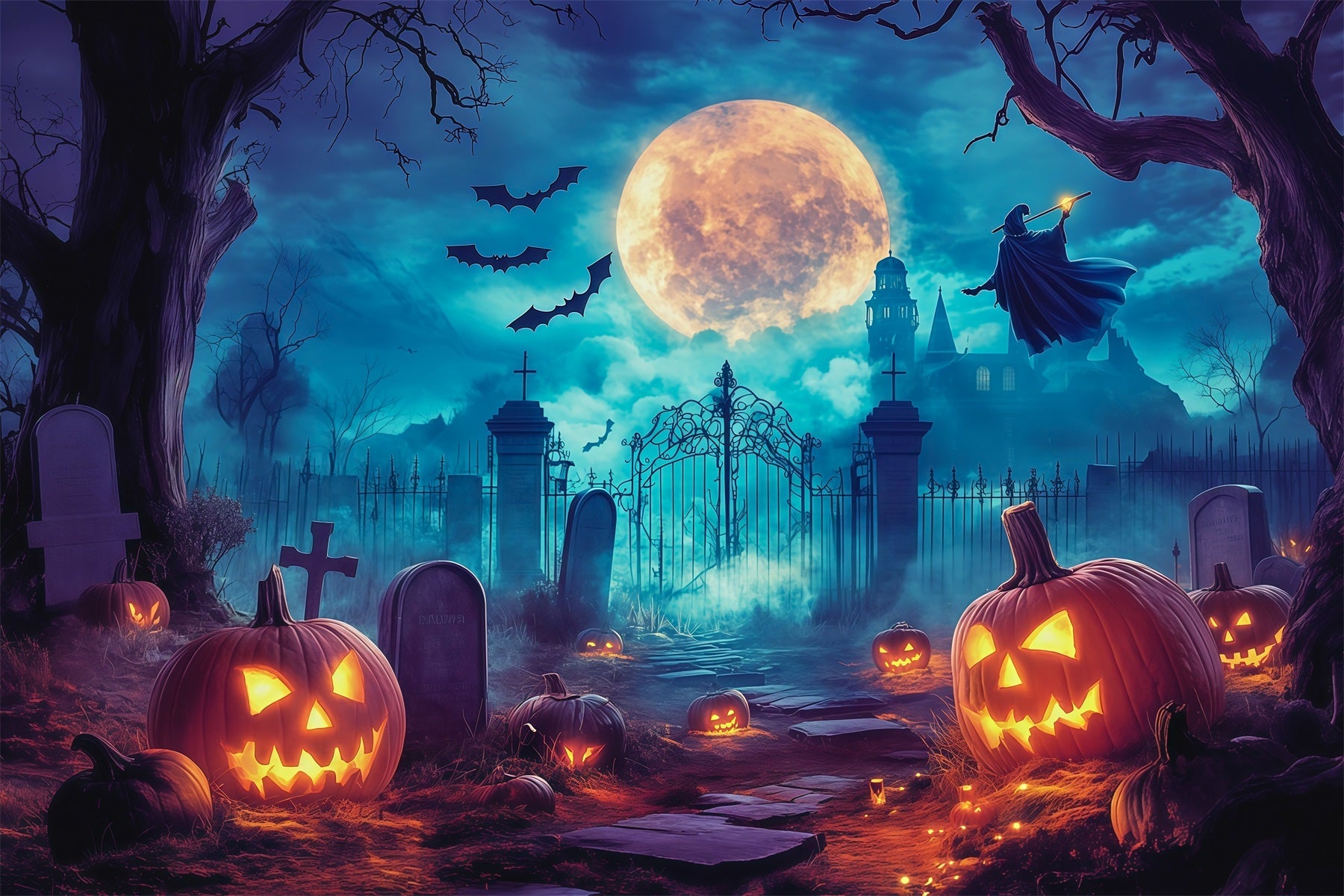 Halloween Themed Backdrops Moonlit Witch Pumpkin Graveyard Halloween Backdrop Ideas UK RR67-5
