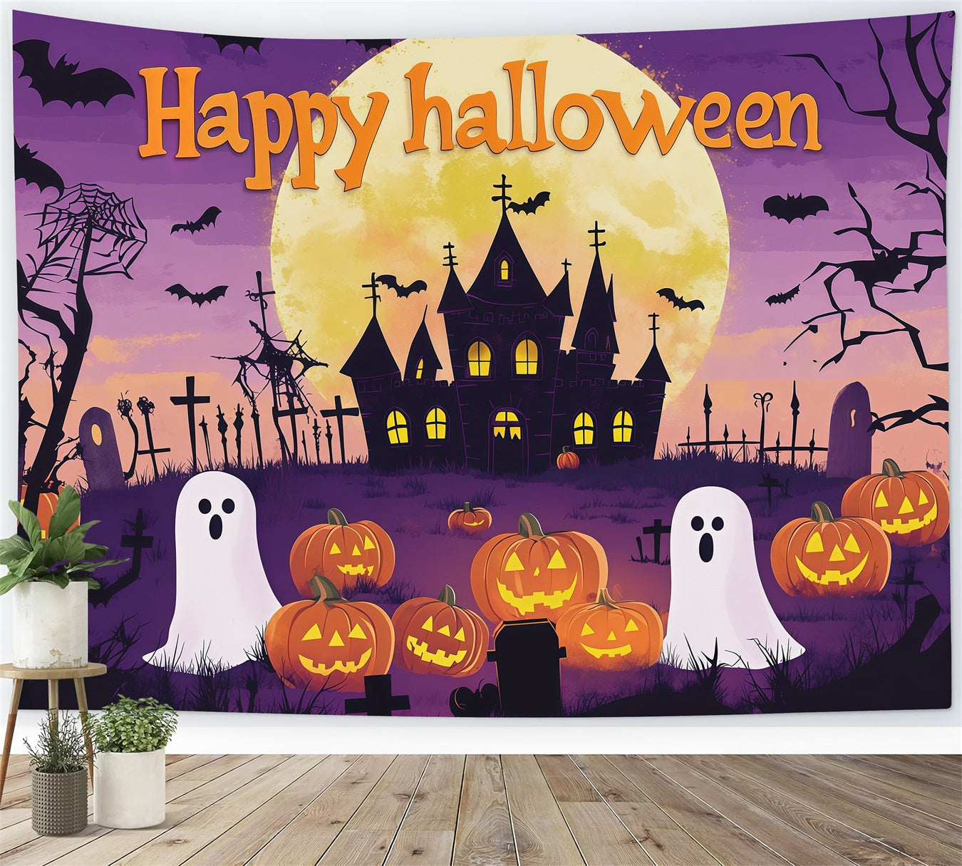 Halloween Party Picture Backdrop Purple Moon Ghost Pumpkins Halloween Backdrop UK RR67-51
