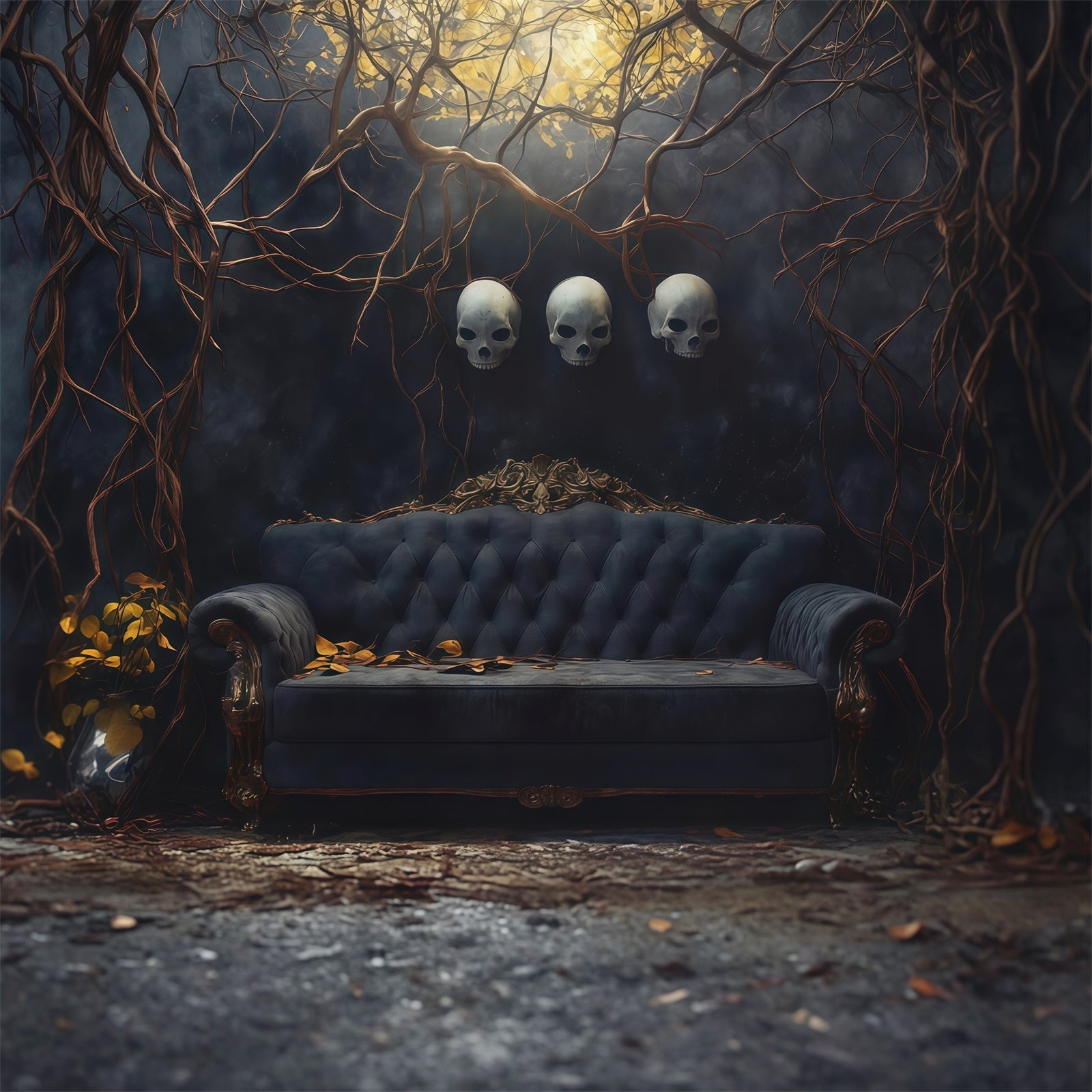 Halloween Theme Backdrop Skull Sofa Twisted Vines Halloween Backdrop For Photos UK RR67-54