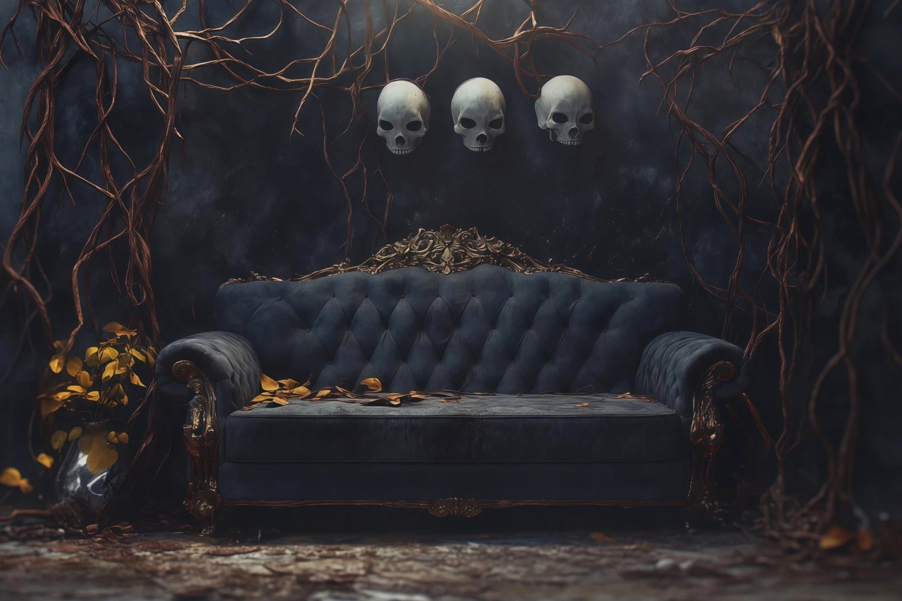 Halloween Theme Backdrop Skull Sofa Twisted Vines Halloween Backdrop For Photos UK RR67-54