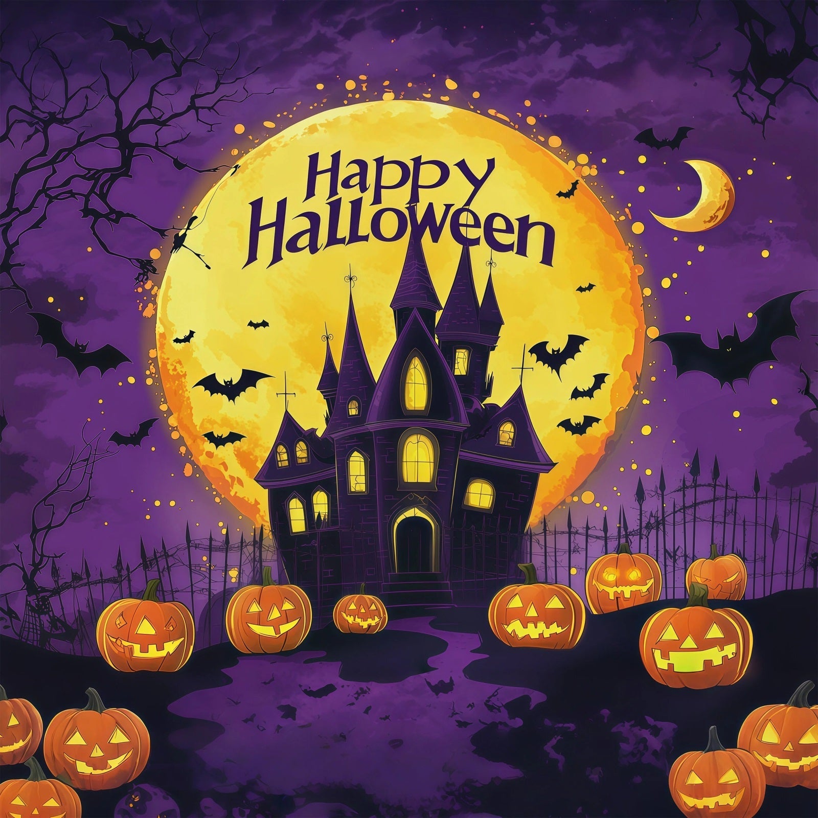 Cute Halloween Backdrops Purple Castle Pumpkin Moon Halloween Backdrops & Scene Setters UK RR67-6
