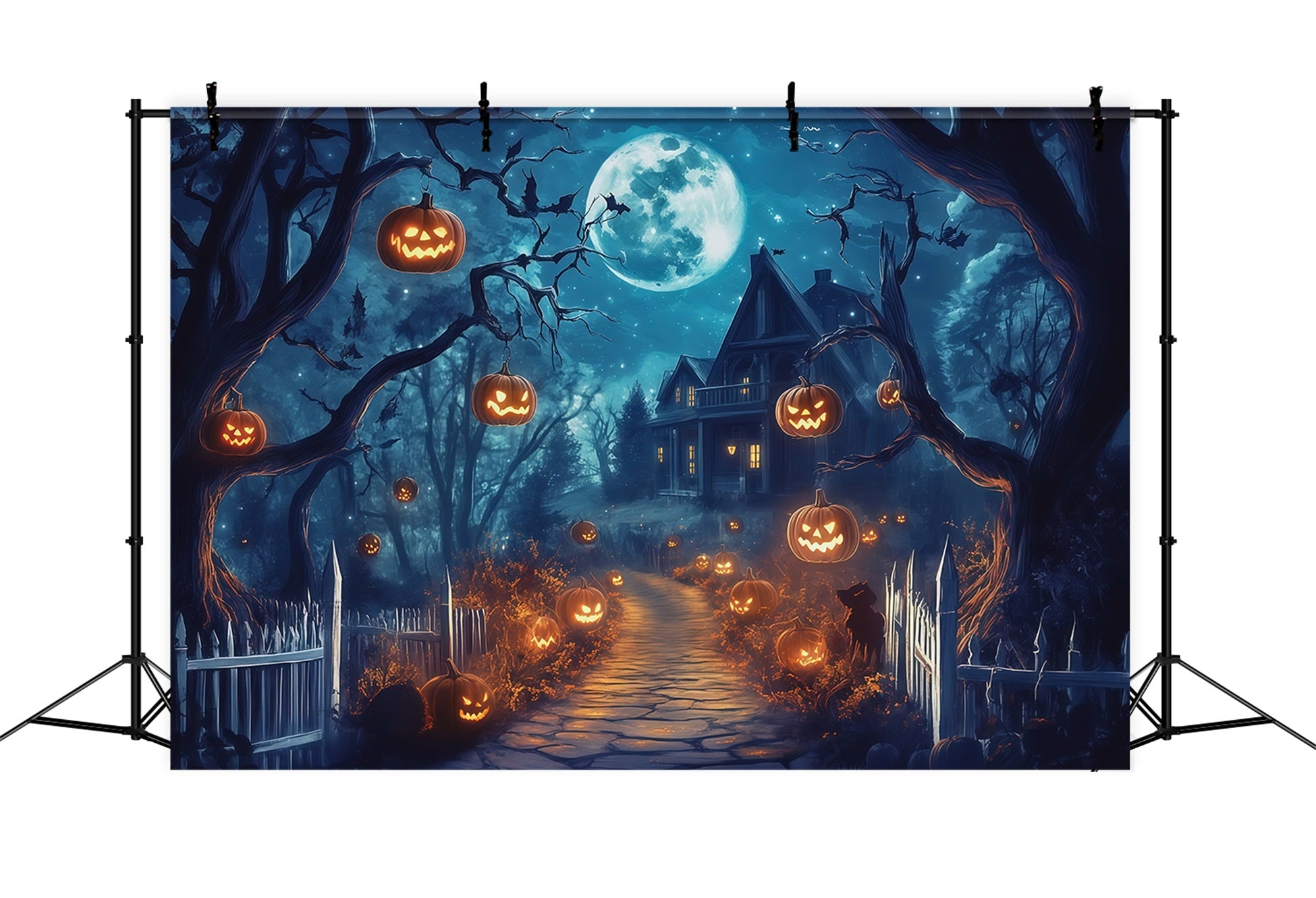 Halloween Outdoor Backdrop Moonlit Pumpkin House Path Halloween Backdrops For Photos UK RR67-61