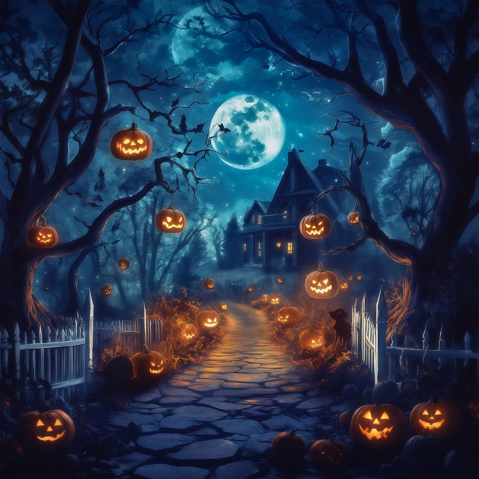 Halloween Outdoor Backdrop Moonlit Pumpkin House Path Halloween Backdrops For Photos UK RR67-61
