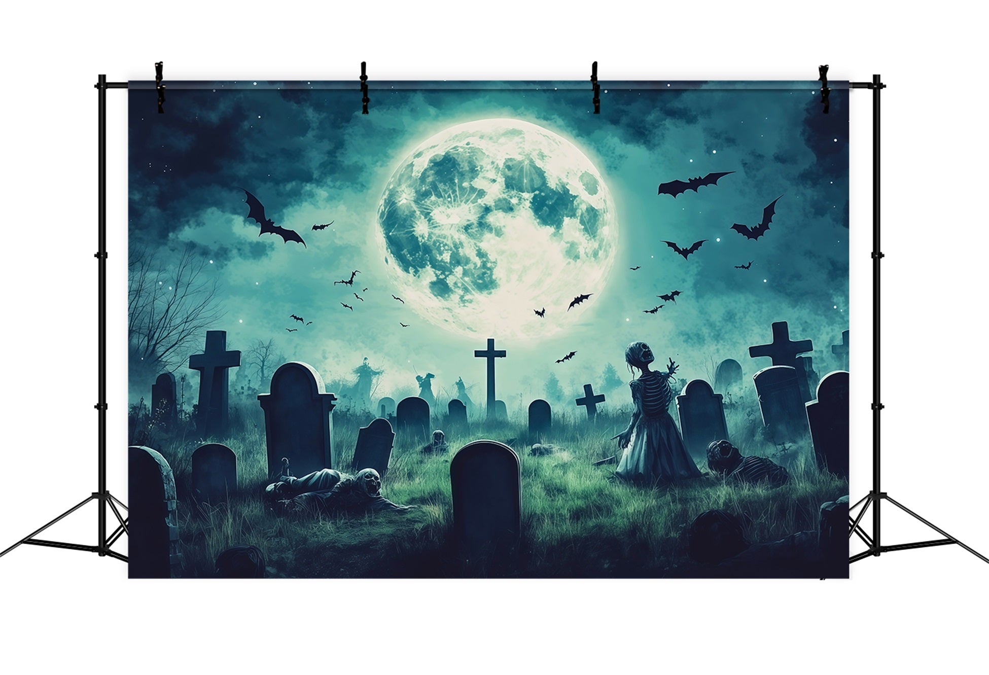 Custom Halloween Backdrop Moonlit Zombie Graveyard Bats Halloween Graveyard Backdrop UK RR67-64