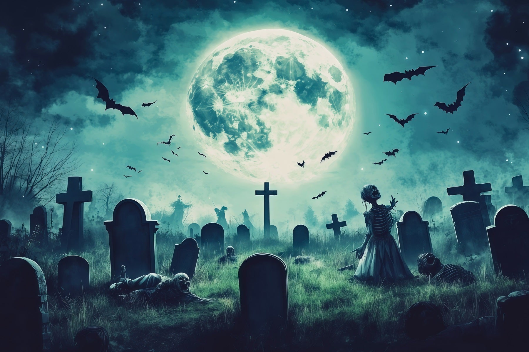 Custom Halloween Backdrop Moonlit Zombie Graveyard Bats Halloween Graveyard Backdrop UK RR67-64