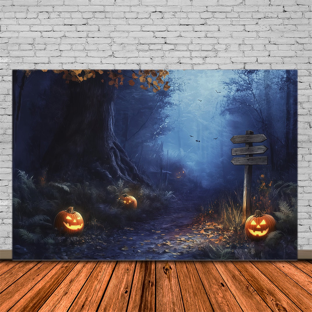 Fall Halloween Backdrop Foggy Forest Pumpkin Path Scary Halloween Backdrops UK RR67-67