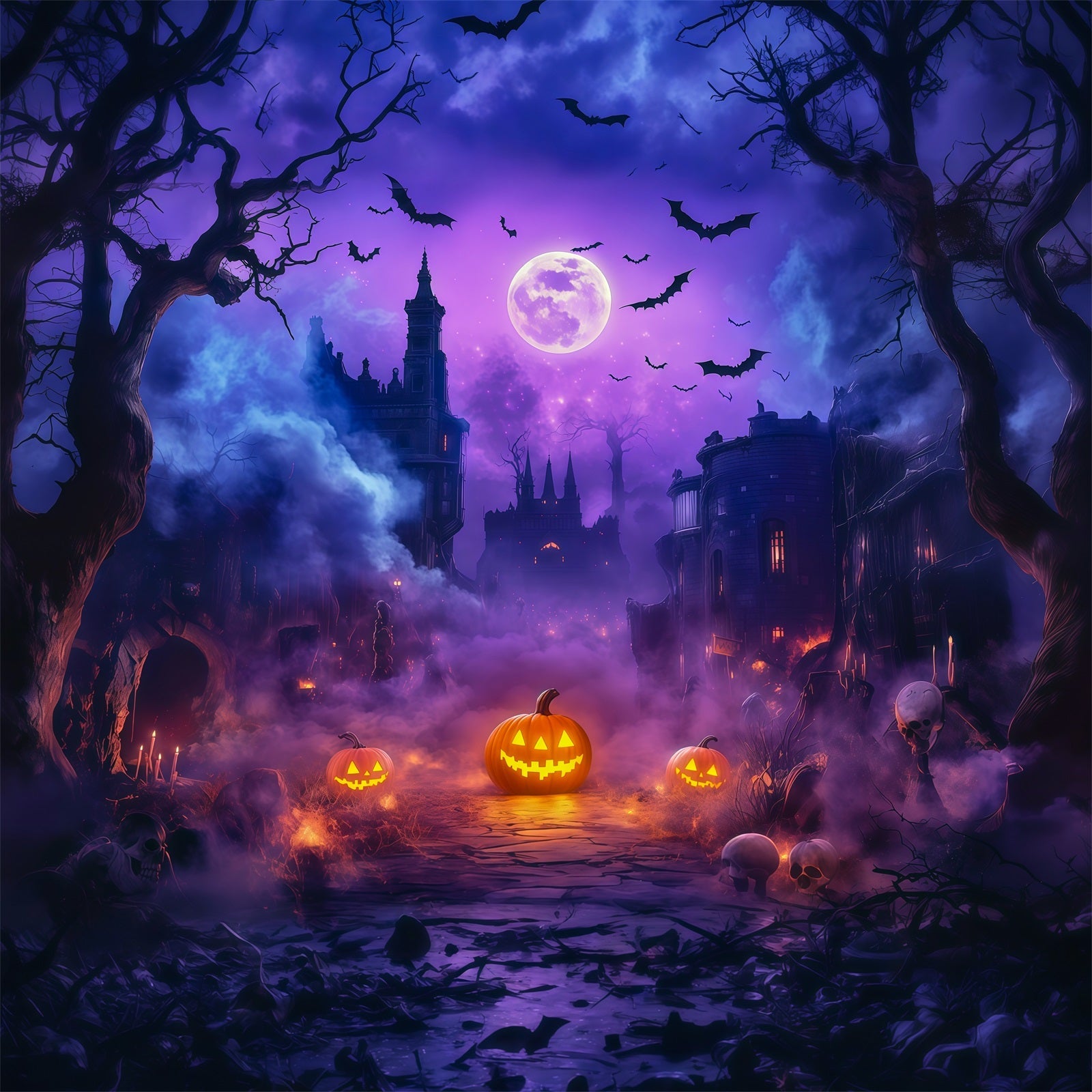 Halloween Backdrop Outdoor Purple Moon Pumpkin Castle Photo Backdrop Halloween UK RR67-71